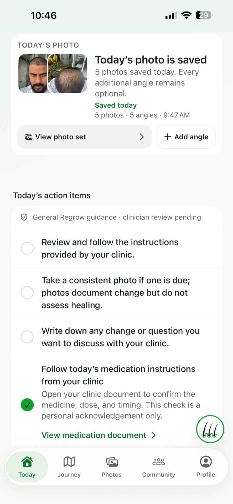 Regrow today's action items checklist built from the clinic plan