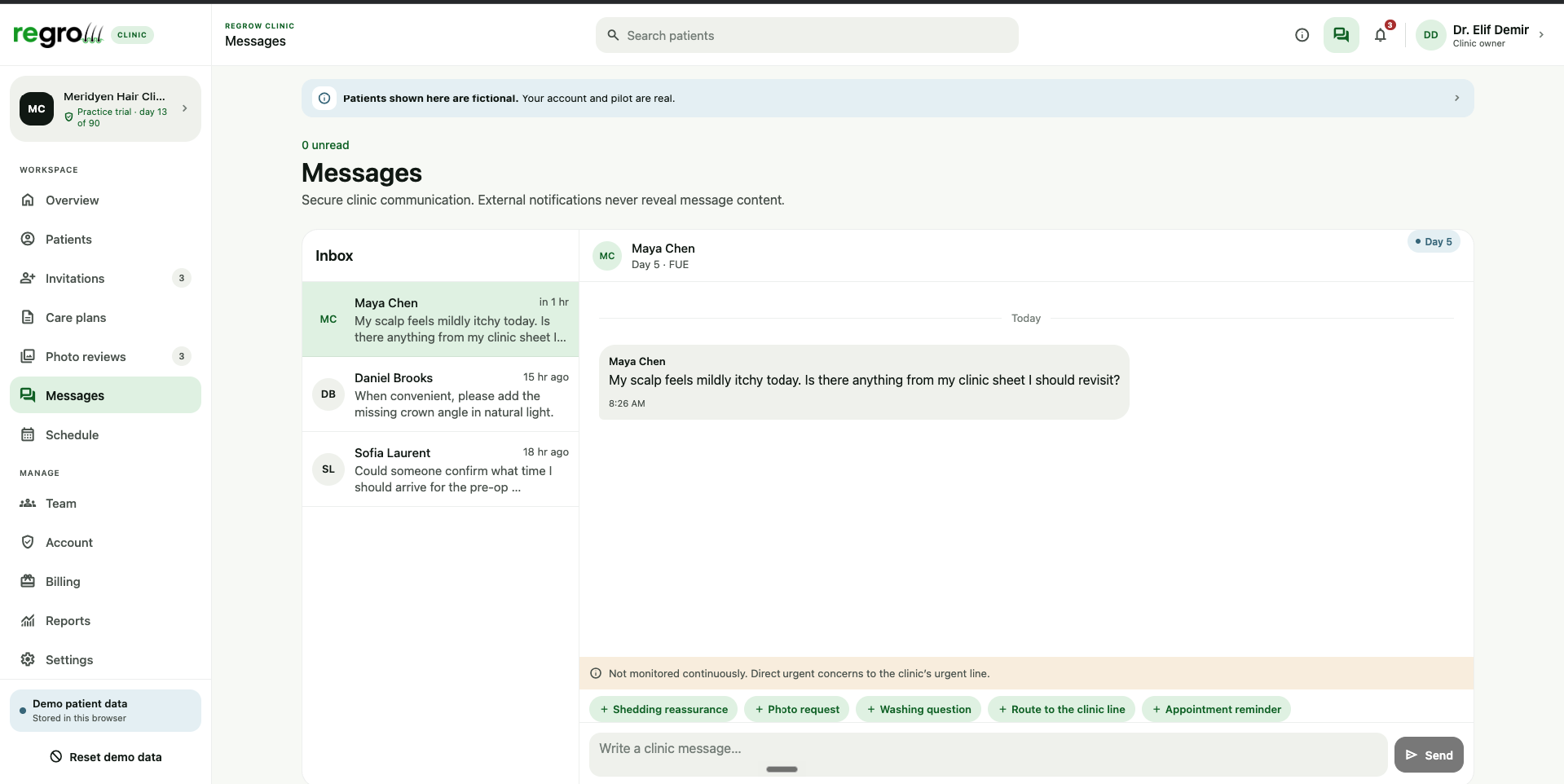 Regrow clinic messages inbox with saved replies, showing fictional demonstration patients