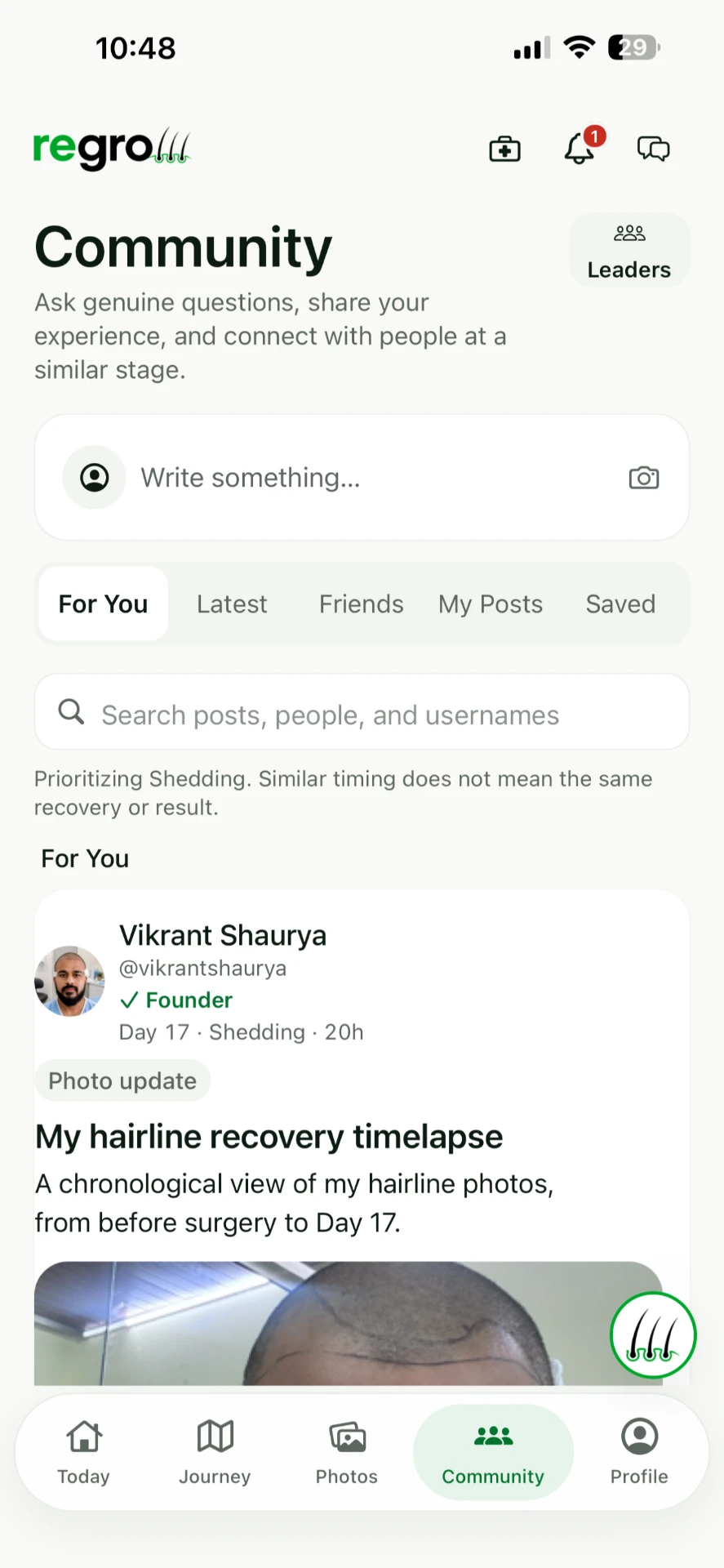 Regrow Community feed showing posts labelled with each person's recovery day