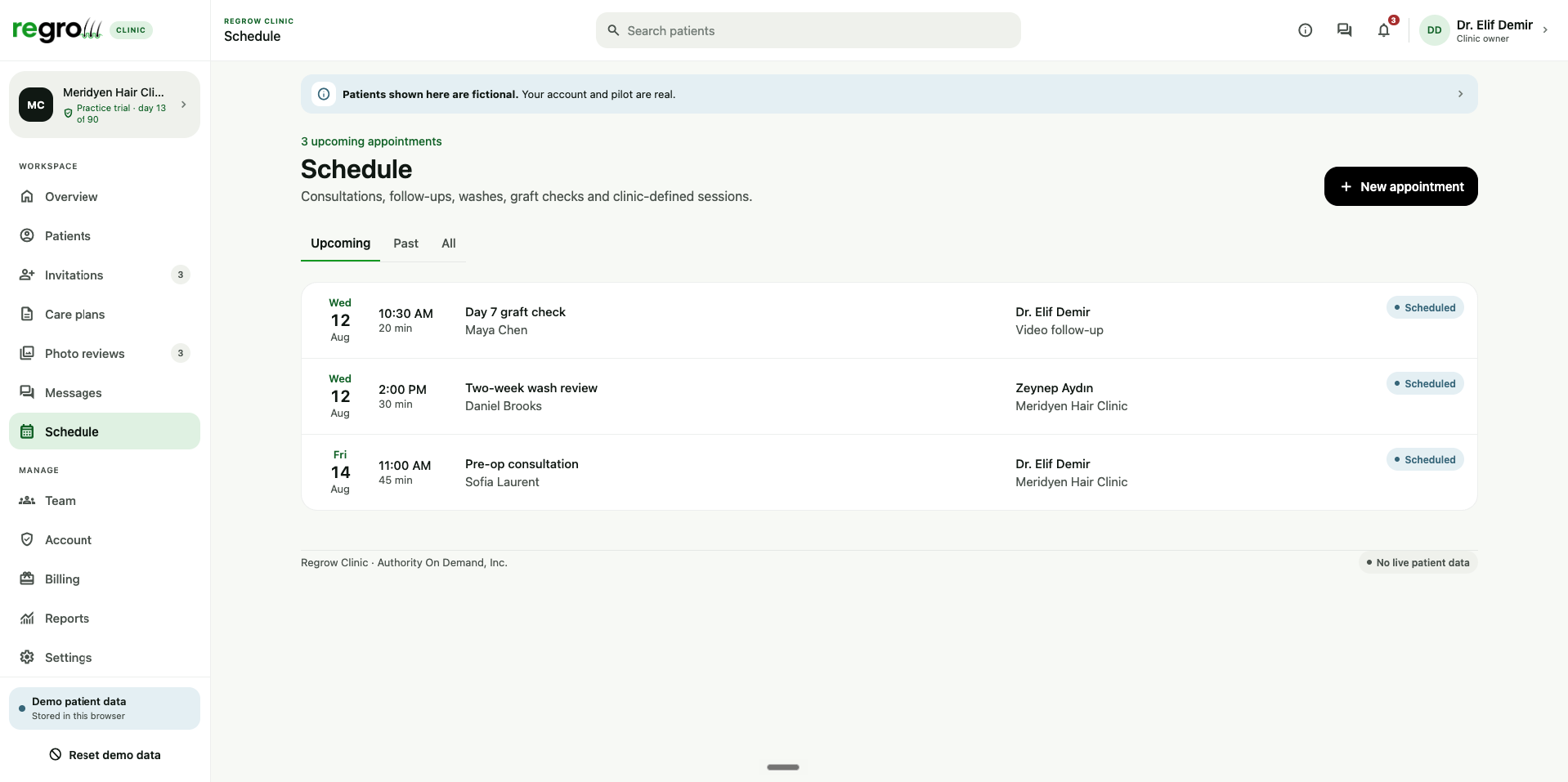Regrow clinic schedule listing consultations, wash reviews and graft checks