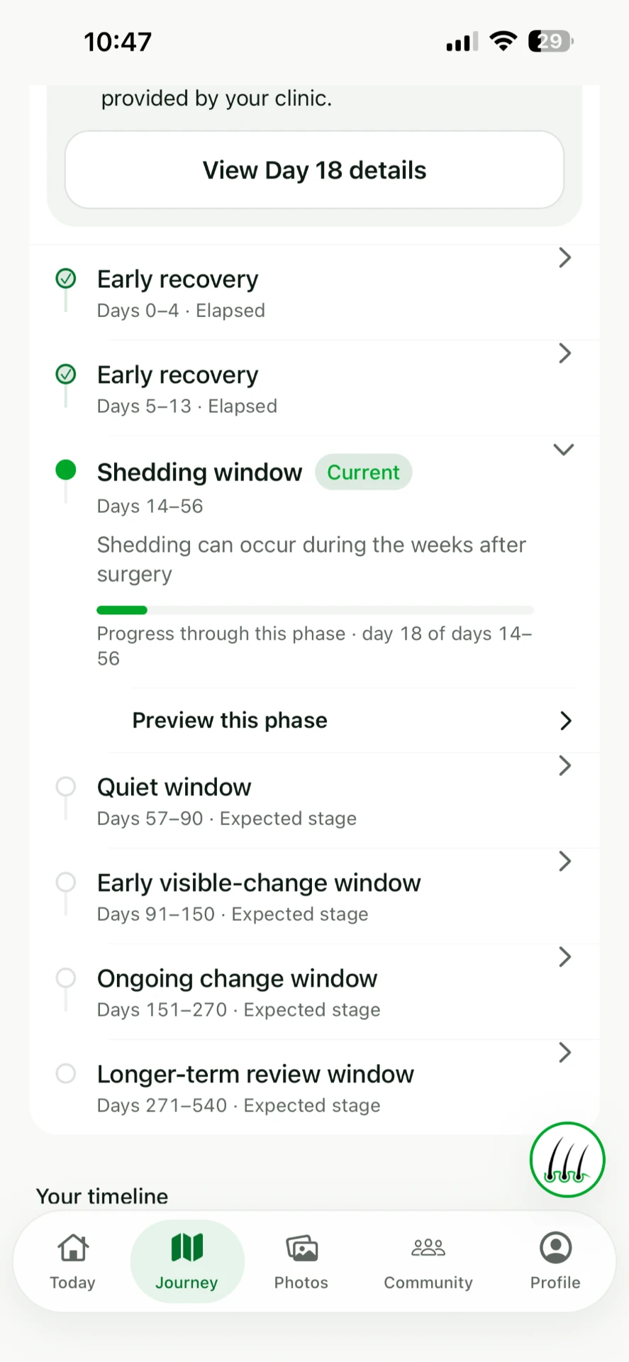 Regrow Journey screen listing each named recovery phase with its day range
