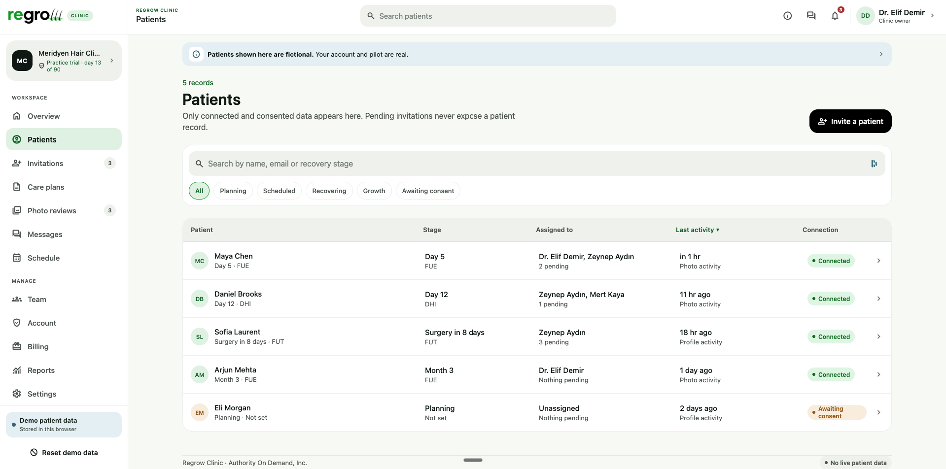 Regrow clinic patients list filtered by recovery stage, with fictional demonstration patients