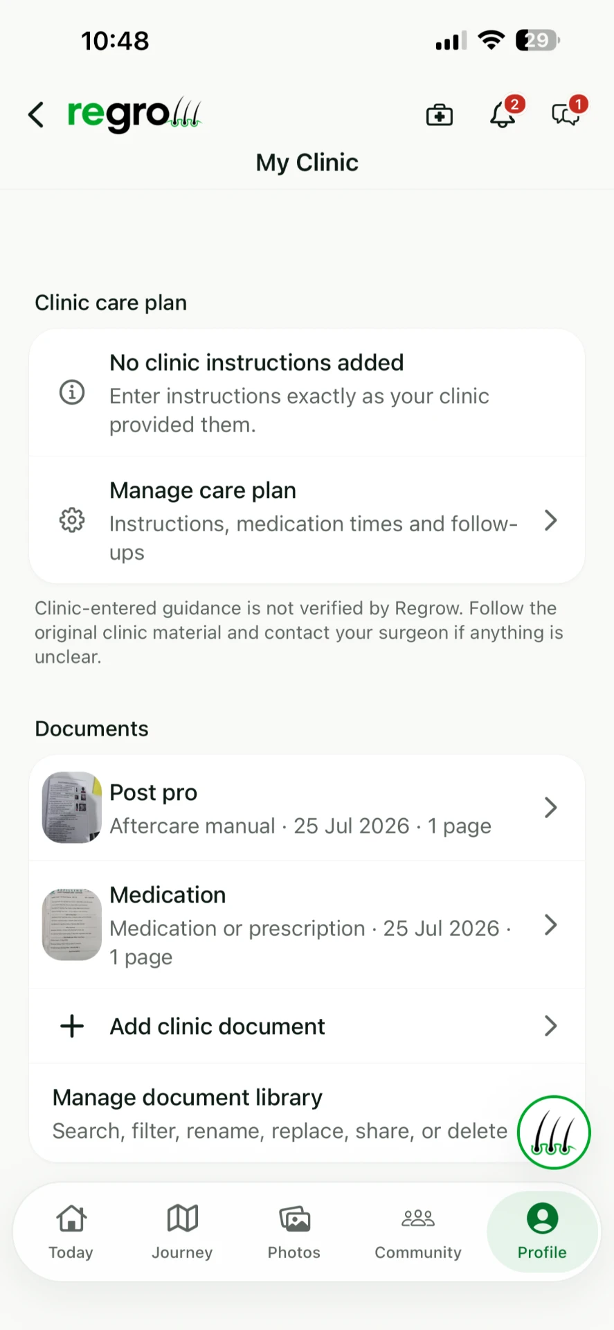 Regrow My Clinic screen with the clinic care plan and aftercare documents
