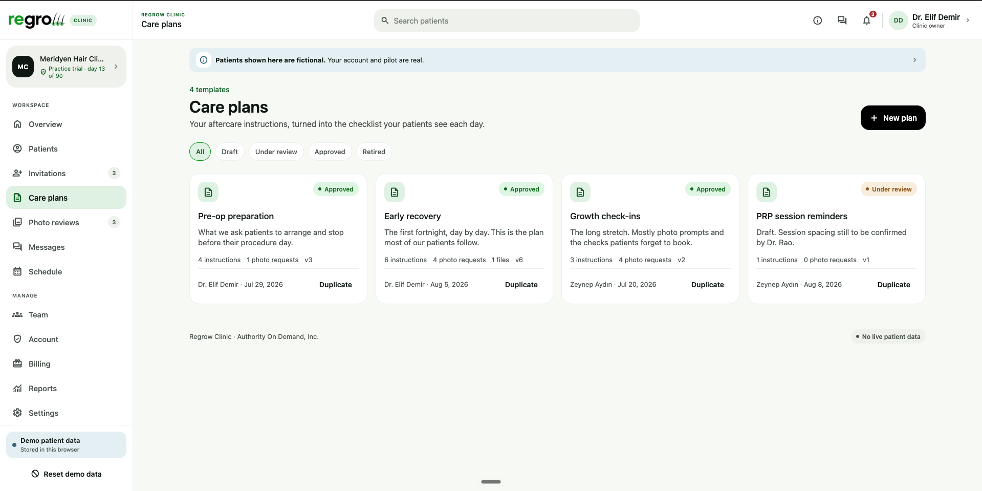 Regrow clinic care plan templates with version numbers and approval states
