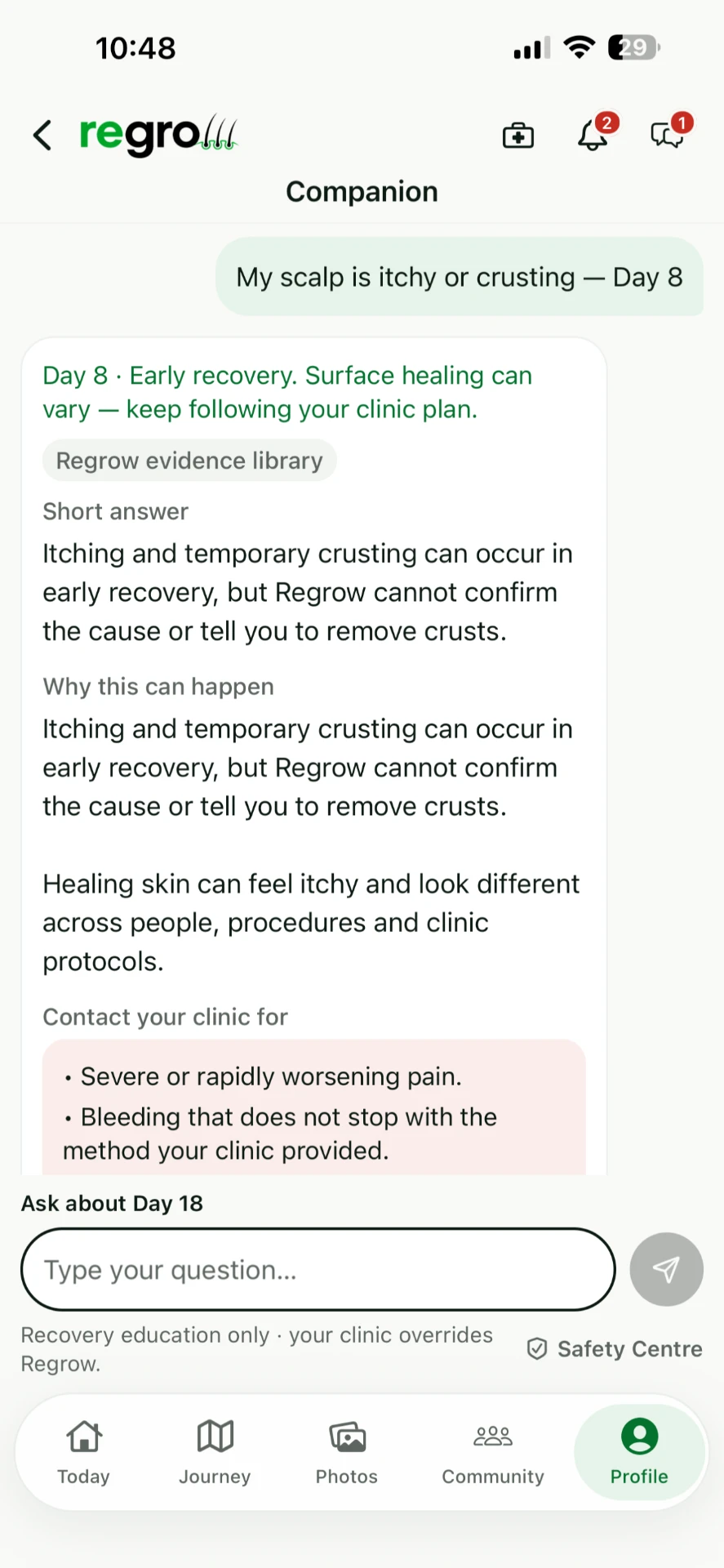 Regrow Companion screen answering a recovery question with clinic contact guidance